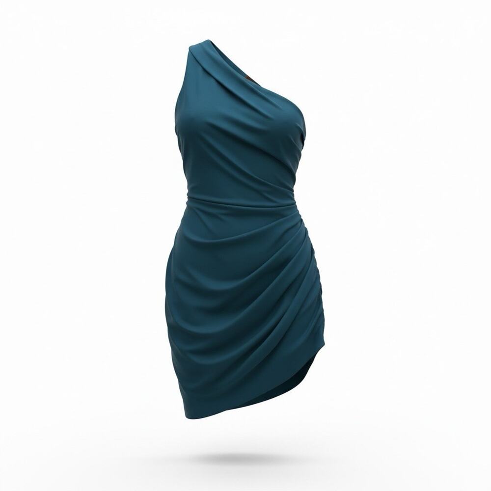 Cushnie et Ochs Teal Green Blue Asymmetrical Shoulder Mini Ruched Dress Sz 4